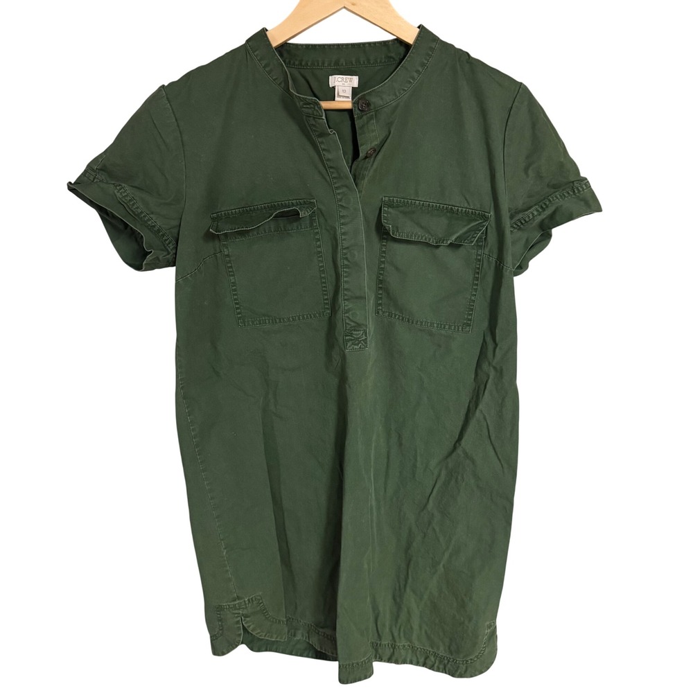 J.Crew Womens Olive Green Cotton Utility Shirt Dress Short Sleeve Size‎ 12